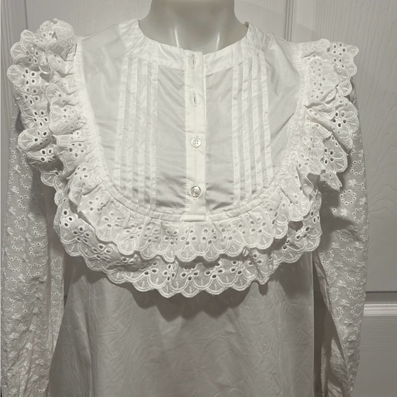 The Shirt Rochelle Behrens white cottage ruffle long sleeve blouse size S NWOT - Picture 3 of 9